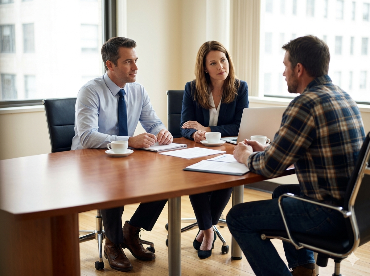 Business advisors in a confidential meeting with a paving company owner