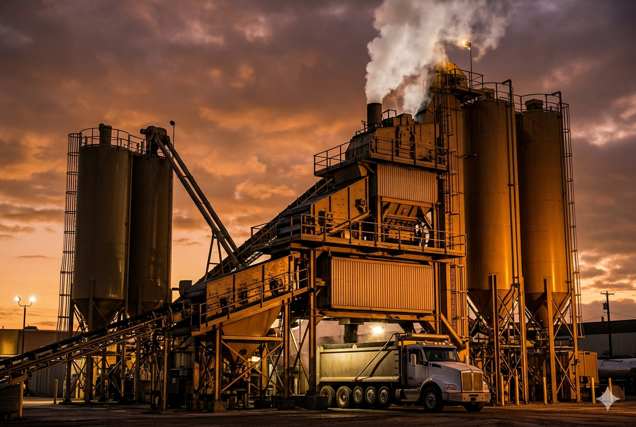 Hot mix asphalt plant at dusk