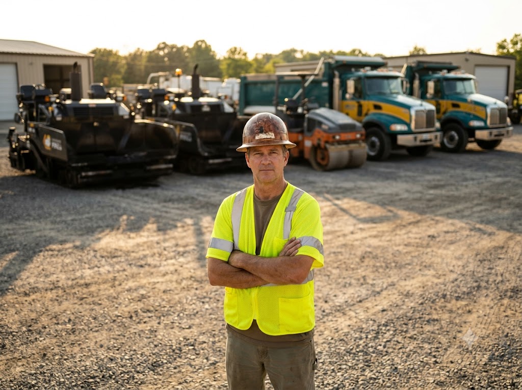 Paving company owner in safety vest standing in front of paving fleet
