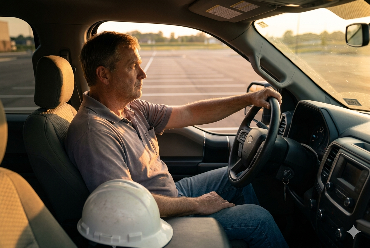 Tired paving company owner sitting alone in truck at sunset