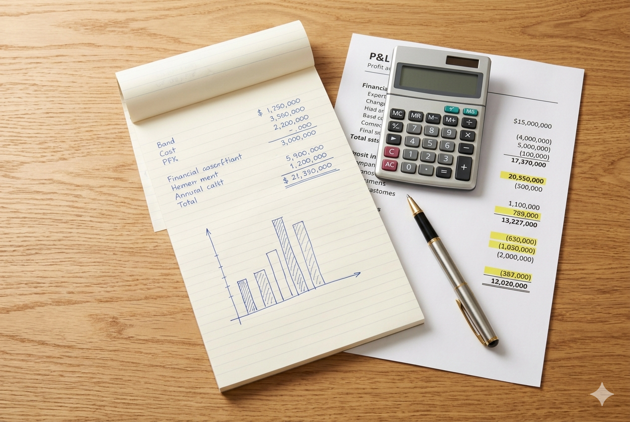 Business valuation documents and calculator on a desk